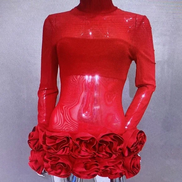 Red Ruffled Bodycon Dress with Long Sleeves